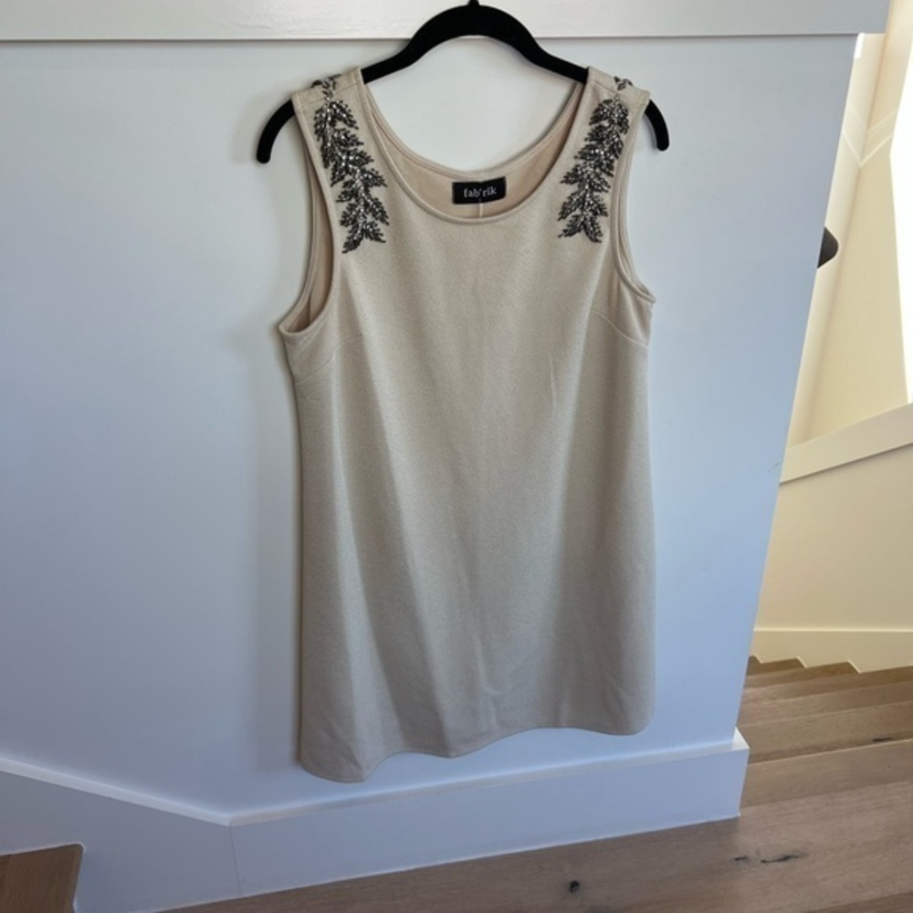 Fab’rik Cream Shift Dress with Silver Beaded Shoulder Detail Sleeveless Large